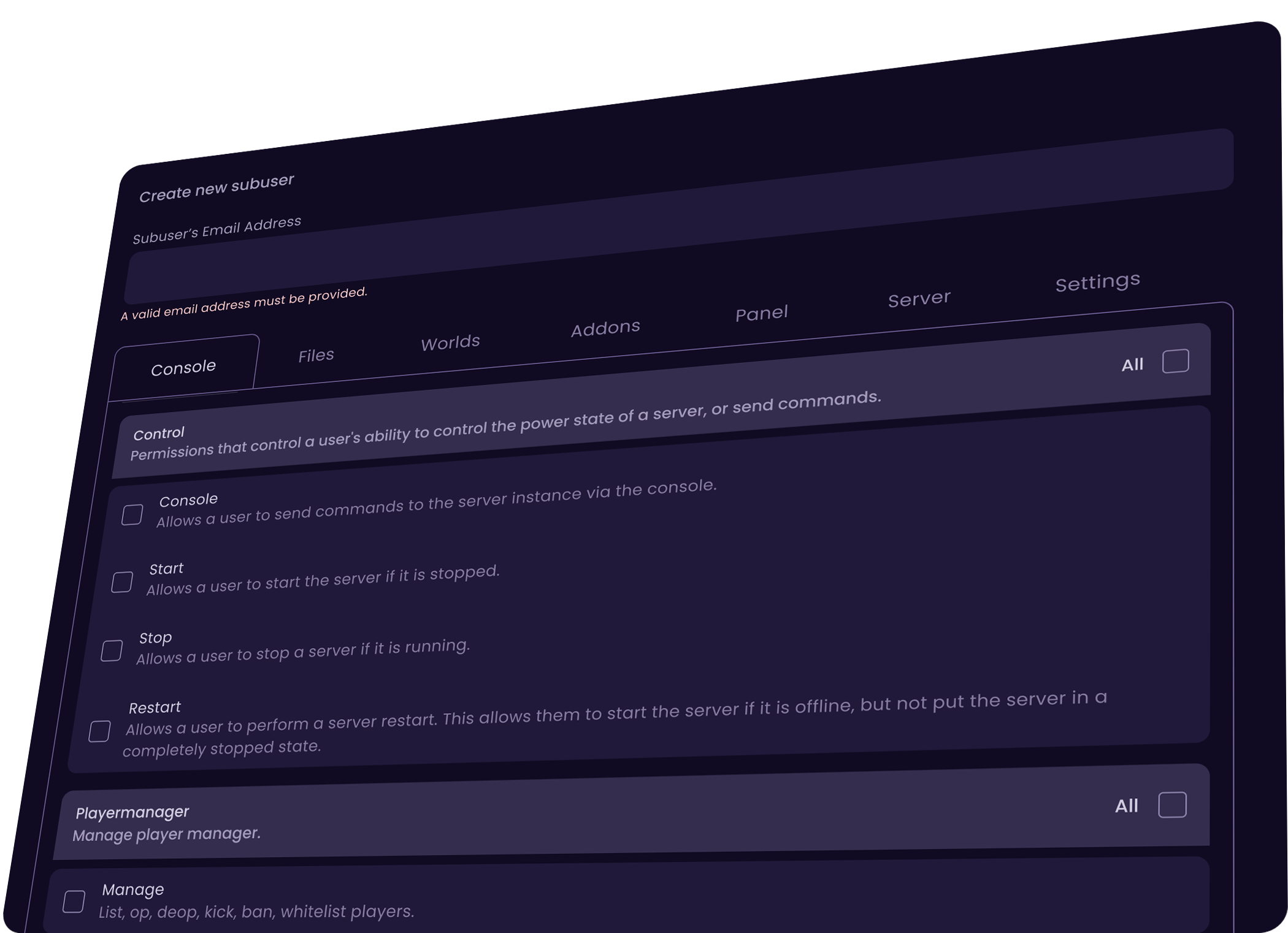 Control panel permissions screen