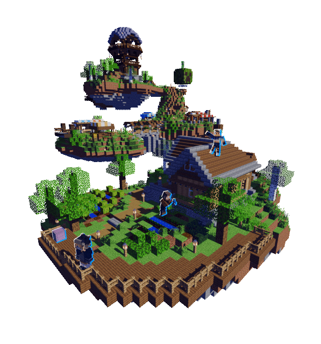 A Minecraft community build with houses, farms and shared builds