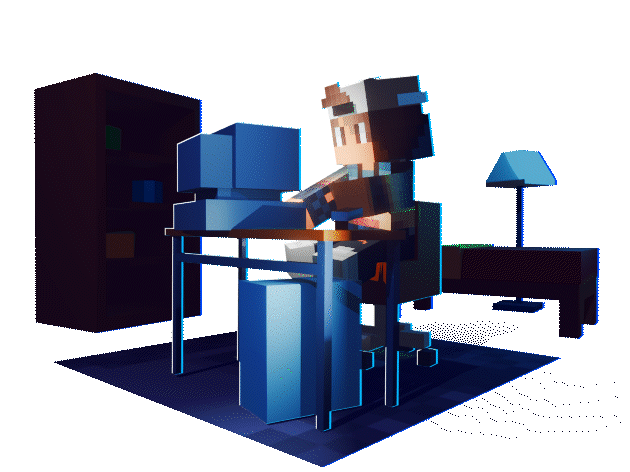 Minecraft character at a gaming desk
