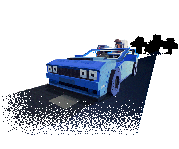 A blue Minecraft-style car racing through the night