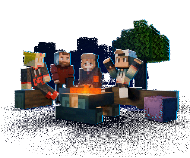 Minecraft characters playing together around a campfire