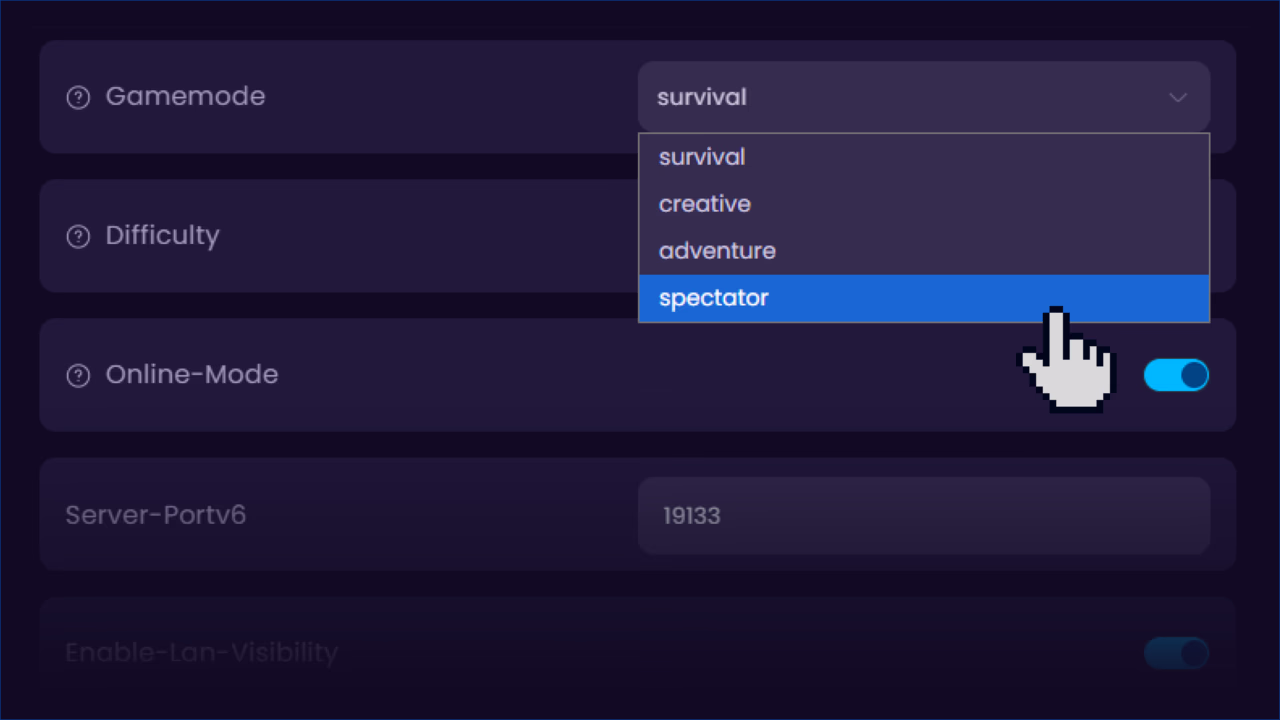 Gamemode selection in the WiseHosting panel