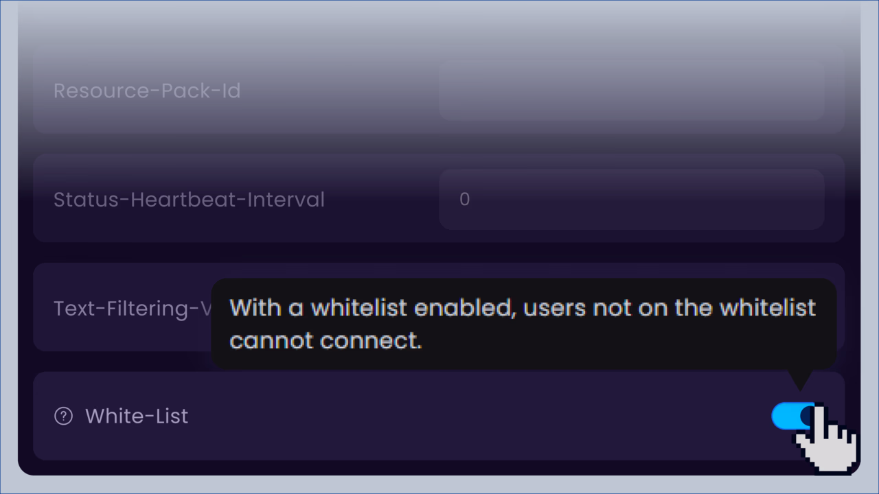 Whitelist settings in the WiseHosting panel