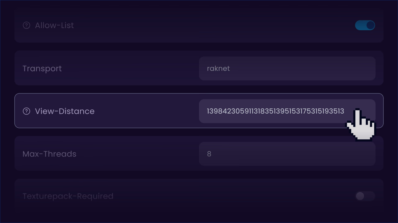 View distance settings in the WiseHosting panel